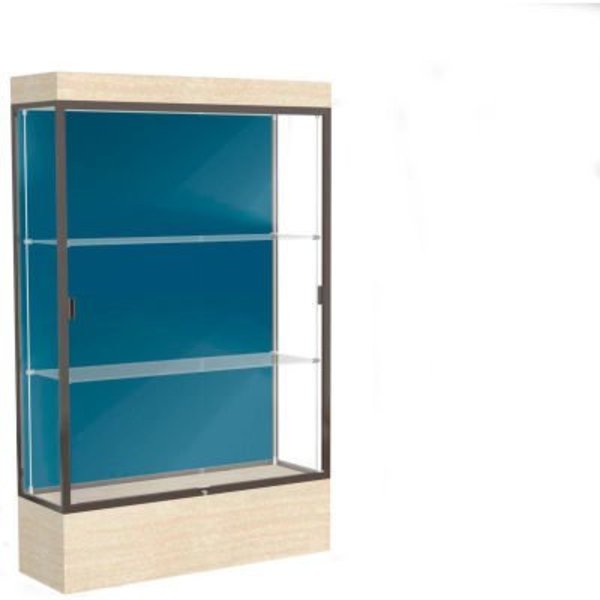 Waddell Display Case Of Ghent Edge Lighted Floor Case, Blue Steel Back, Dark Bronze Frame, 12" Chardonnay Base, 48"W x 76"H x 20"D 94LFBS-BZ-CD